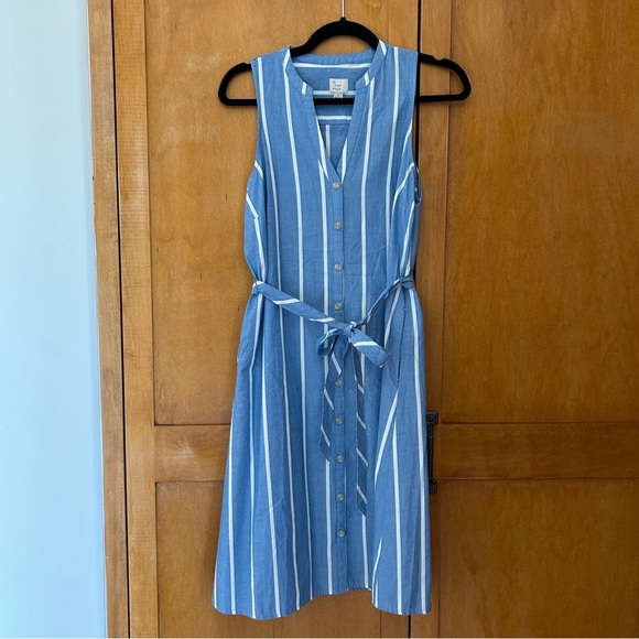 Blue and white stripe shirt dress button up with pockets, waist tie - Picture 1 of 8